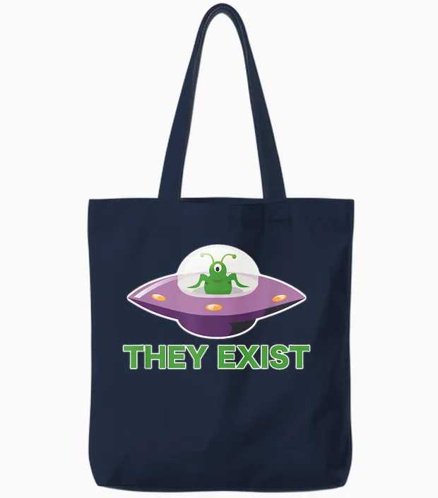 Funny Alien Ufo They Exist T-Shirt, Black, S Tote Bags in Navy