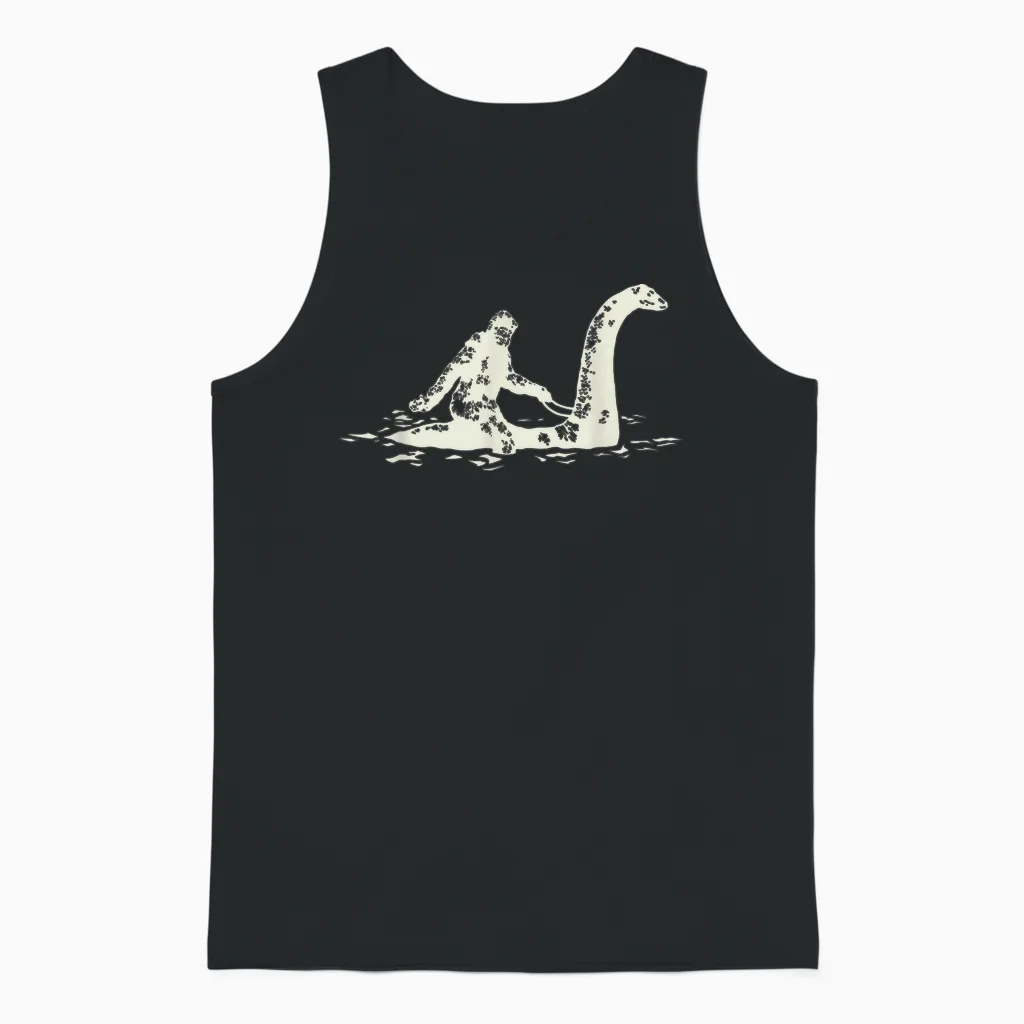 Bigfoot Sasquatch Riding the Loch Ness Monster Funny,short Sleeve Unisex Tank Top in Black