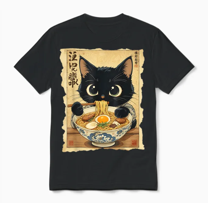 Japanese Ramen Noodles Manga Ramen Kawaii Cat Unisex T-Shirt in Black
