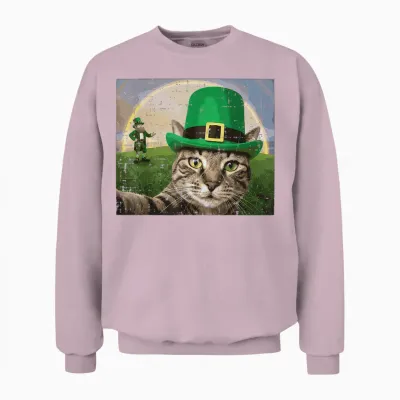 St Patricks Day Cat Selfie Leprechaun Saint Pattys Men Women Unisex Sweatshirt - Light Pink
