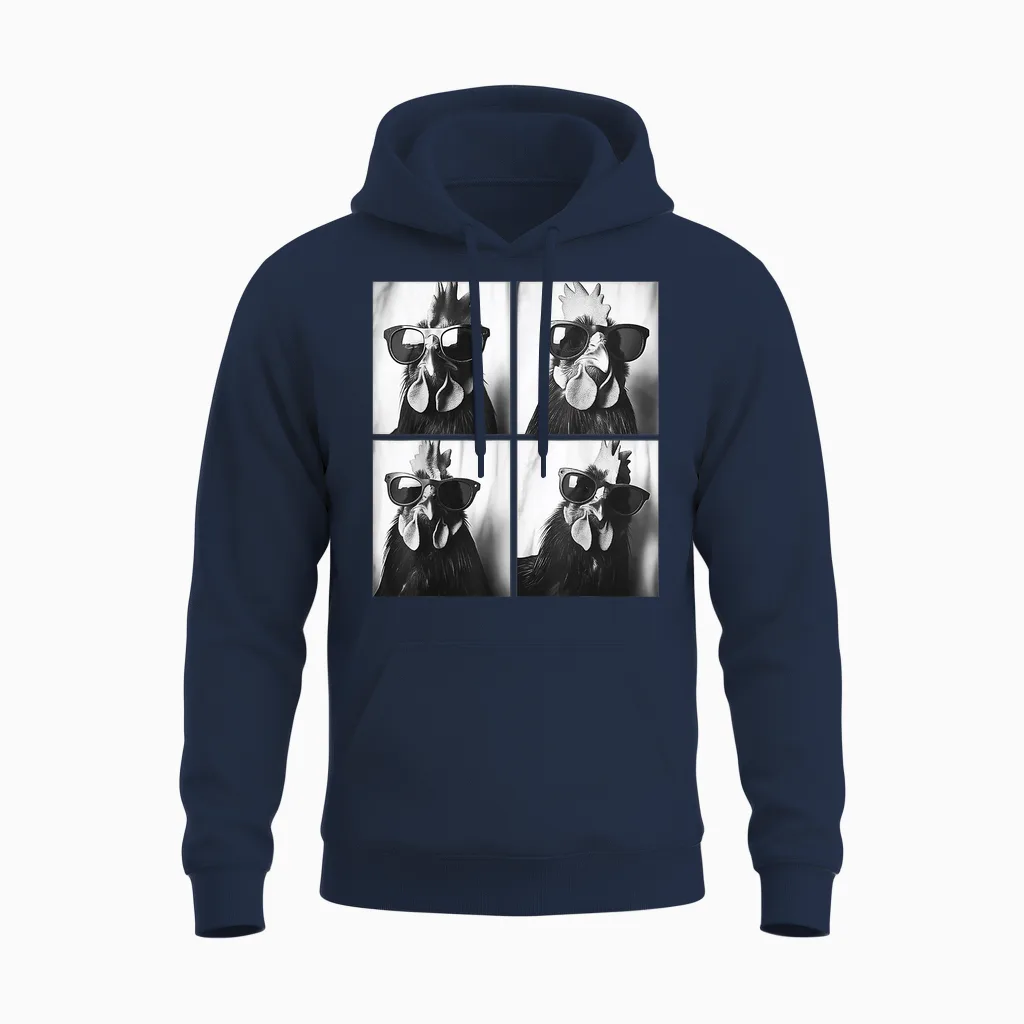 Hahn Wearing Sunglasses Photobooth Selfie Farm Chicken Unisex Hoodie in Navy