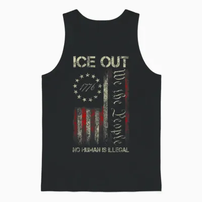 Ice Out No Human Is Illegal Us Flag Distressed Men Women Unisex Tank Top - Black