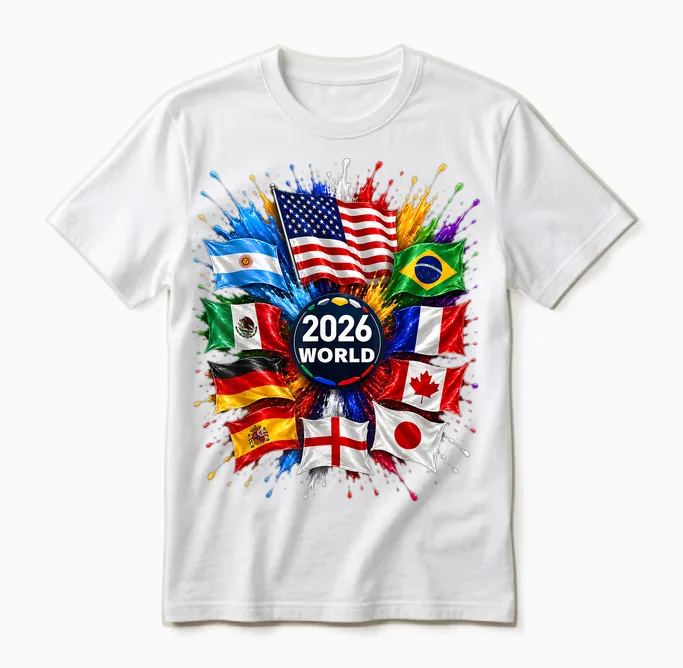 2026 World Flags Sports Fan Color Splash Celebration Graphic Unisex T-Shirt in White