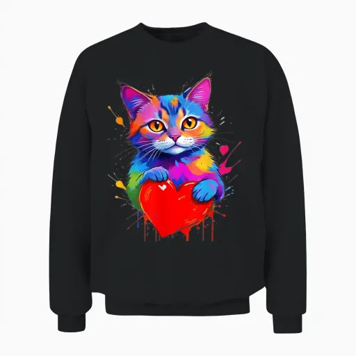 Cat Shirt - Colorful Graphic Cat Heart Shape T-Shirt, Black, S Unisex Sweatshirt - Black