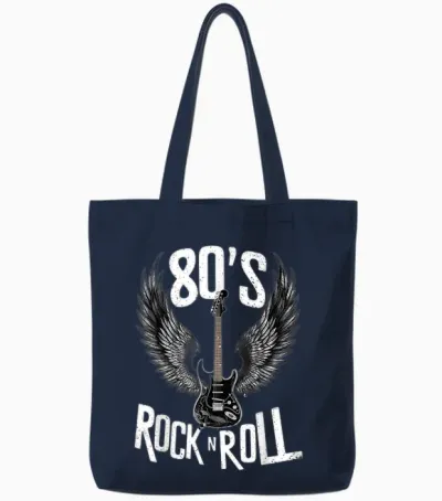 Vintage Guitar Wings, Music Rock & Roll Retro 70s & 80s T-Shirt, Black, S Tote Bags - Navy
