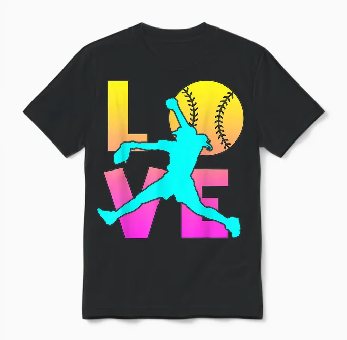 I Love Softball-Shirt Teen Girl Women Mom Cute Graphic Tees Unisex T-Shirt in Black