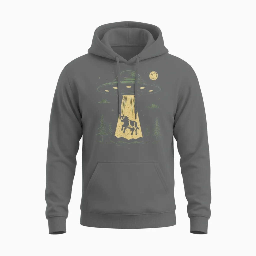 Ufo Cow Kidnapping Design Funny Alien Spaceship Unisex Hoodie in Graphite Heather