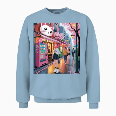 Tokyo Sakura Stroll – Cute Girl Under Cherry Bloss Unisex Sweatshirt - Light Blue