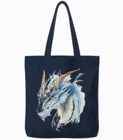 White Dragon Motif Mythical Illustration White Dragon T-Shirt, White, S Tote Bags - Navy