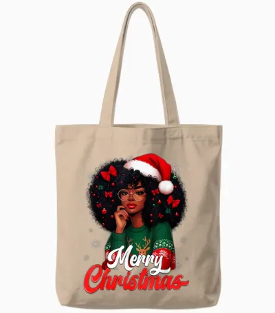Black Girl Santa Hat Merry Christmas Pajama African American Tote Bags - Natural