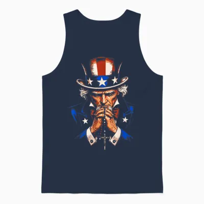 Uncle Sam Praying Rosary Patriotic Christian American Prayer Unisex Tank Top - Navy