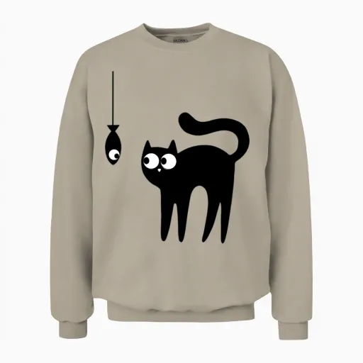 Cat and Fish Lovers Gift Unisex Sweatshirt in Sand