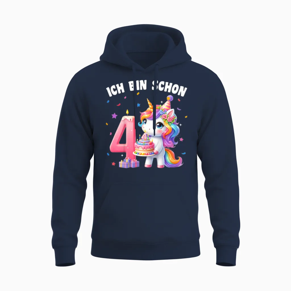 Children's 4th Birthday Girl 4 Years Unicorn Party Outfit Unicorn T-Shirt, Black Unisex Hoodie in Navy