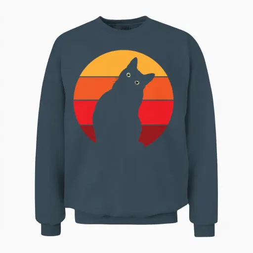 Vintage Retro 80s Curious Cute Cat on Sunset Unisex Sweatshirt in Dark Heather