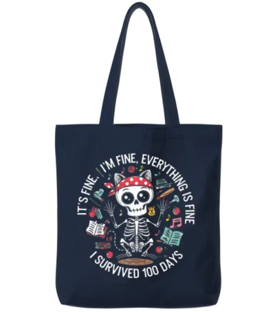It's Fine I'm Fine, 100 Days Survival Cat Skeleton Tote Bags - Navy