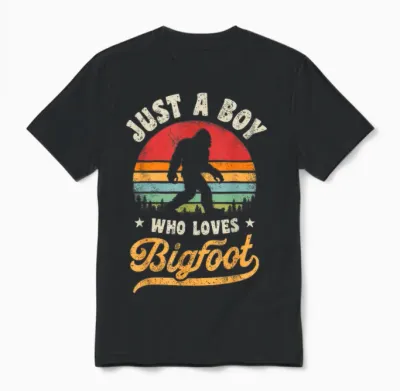 Bigfoot Just a Boy Who Loves Sasquatch Funny Retro Vintage T-Shirt Small Unisex T-Shirt - Black