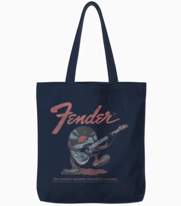 Fender Record Playing Guitar Centered Tote Bags in Navy