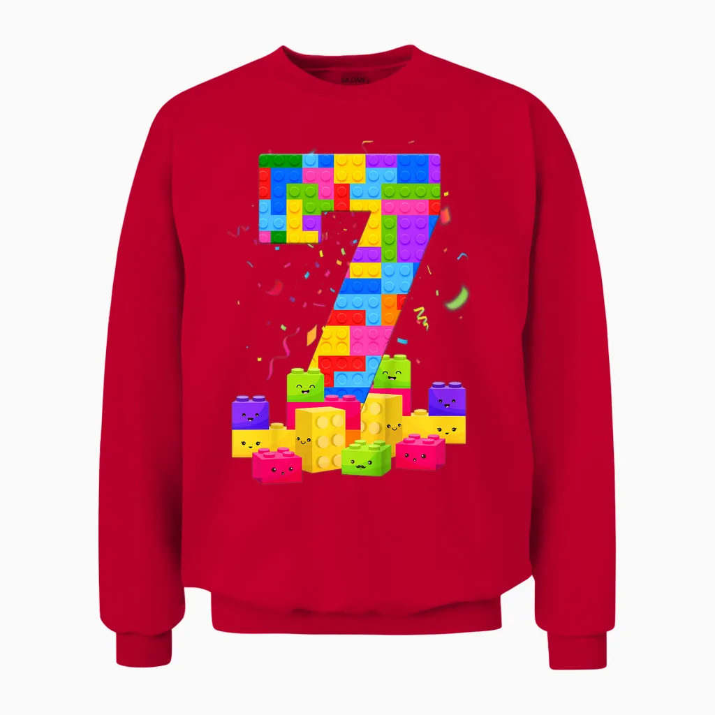 Kinder Geburtstagsshirt 7 Years Young Building Blocks 7th Birthday T-Shirt, Black Unisex Sweatshirt in Red