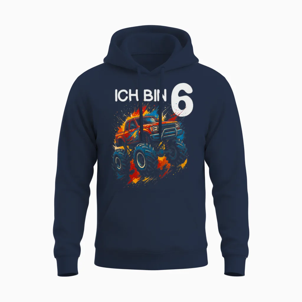 Kids I Am 6 Years Boy Girl 6th Birthday Monster Truck Unisex Hoodie in Navy