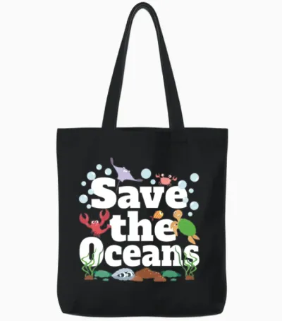 Save the Oceans No Plastic Tote Bags - Black