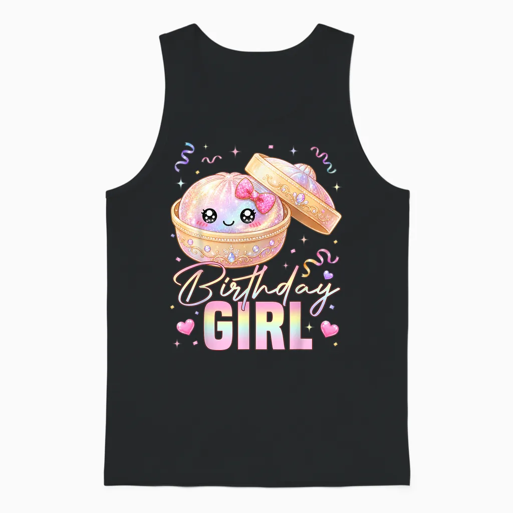Happy Birthday Girl Kawaii Dumpling Anime Birthday Party Unisex Tank Top in Black