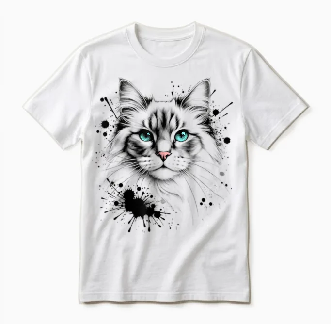 Artistic Cat with Turquoise Eyes and Paint Splash Unisex T-Shirt in White