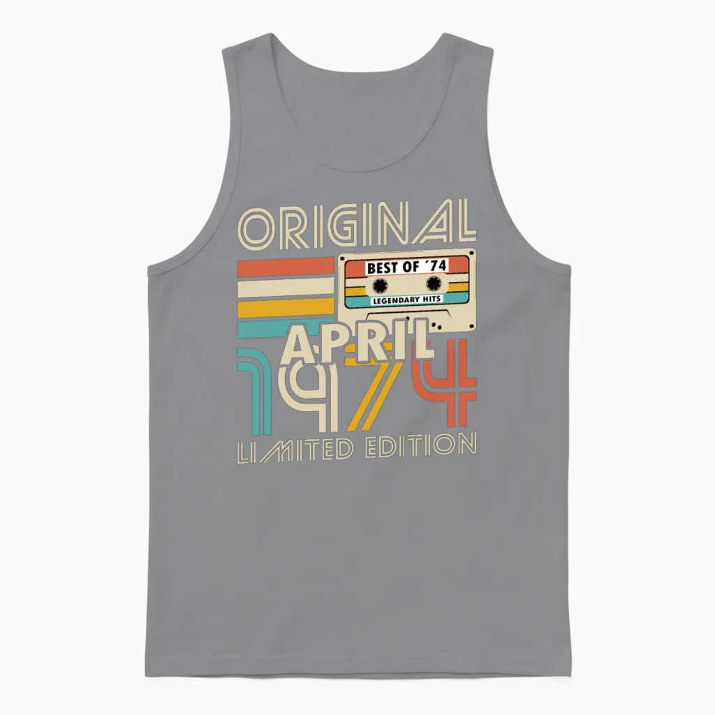 50th Birthday Vintage April 1974 Original 1974 Unisex Tank Top in Sport Grey