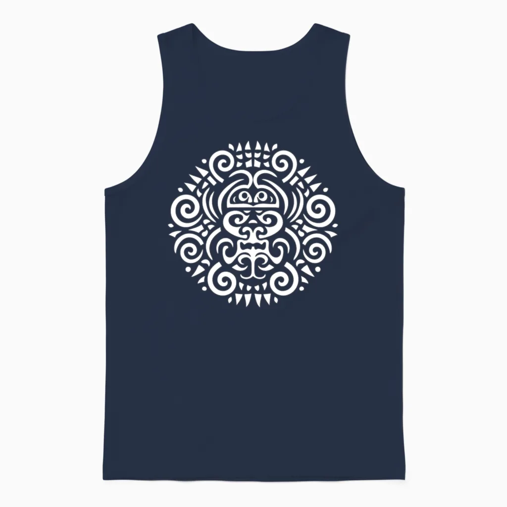 Maori Round Tattoo Harmony in White Unisex Tank Top in Navy
