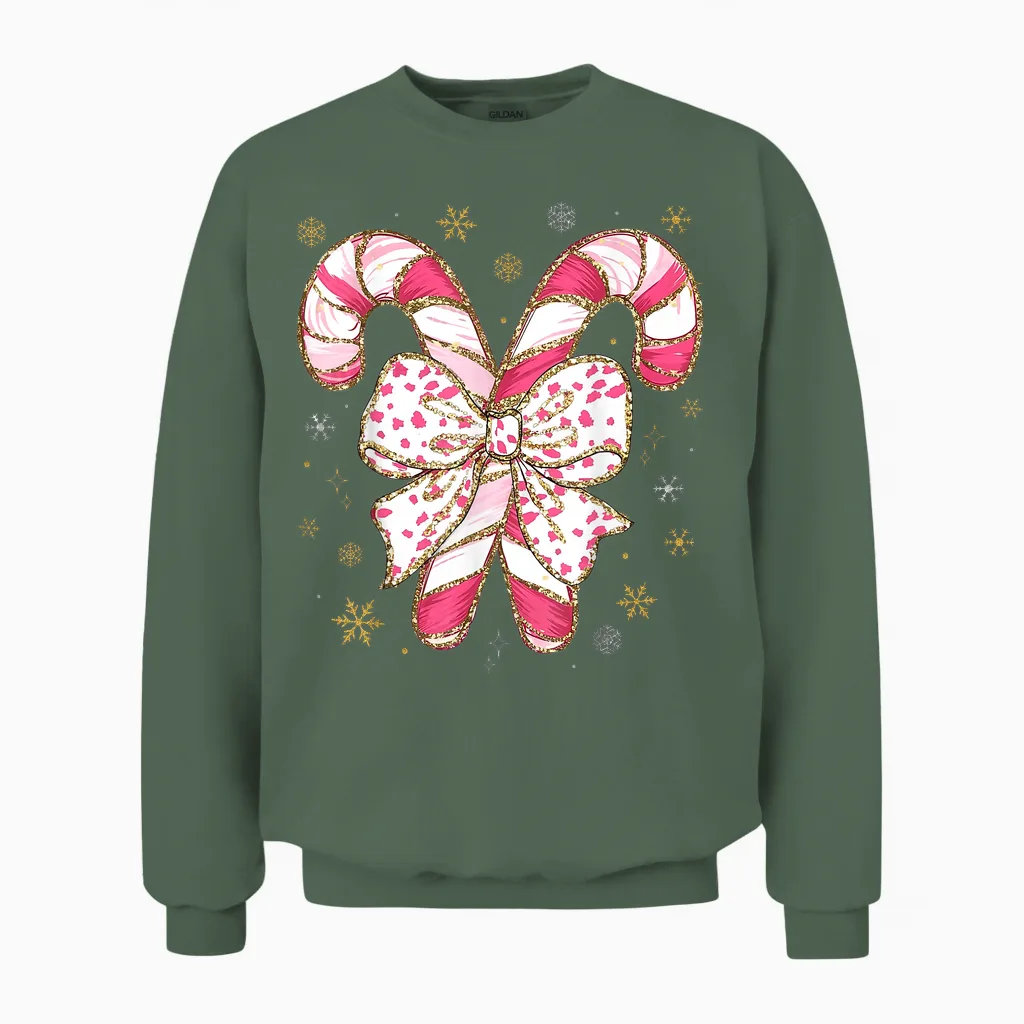 Cute Pink Coquette Bow Candy Cane Christmas Girls Women Unisex Sweatshirt in Military Green