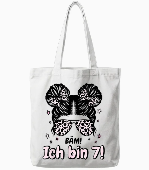 Kids 7th Birthday Girl Messy Bun Bäm! I Am Seven Tote Bags in White