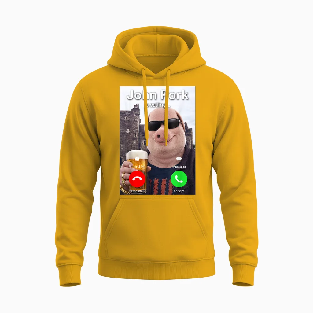Funny Beer Day John Pork Is Calling Meme Unisex Hoodie in Gold