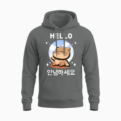 Annyeonghaseyo Kawaii Cat Says Hello Hangul Korean T-Shirt, Black, S Unisex Hoodie - Graphite Heather