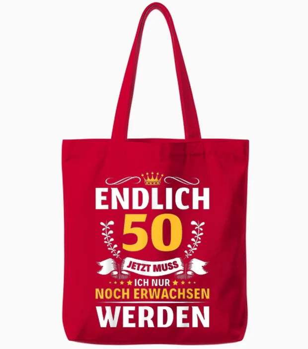 Endlich 50 Jahre Mann Woman Gift 50th Birthday T-Shirt, Black, S Tote Bags in Red