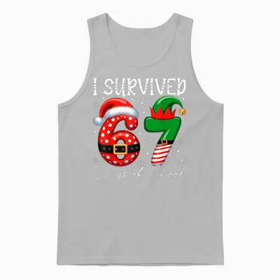 I Survived 67 Day of School Funny 67 Xmas Santa Elf Hat Meme Unisex Tank Top - Ash