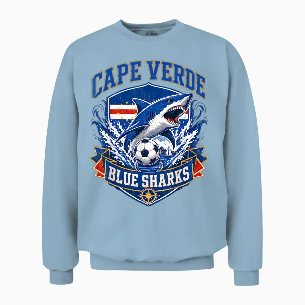 Cape Verde Flag Shark Cape Verdean Roots Cabo Verde Pride Unisex Sweatshirt in Light Blue