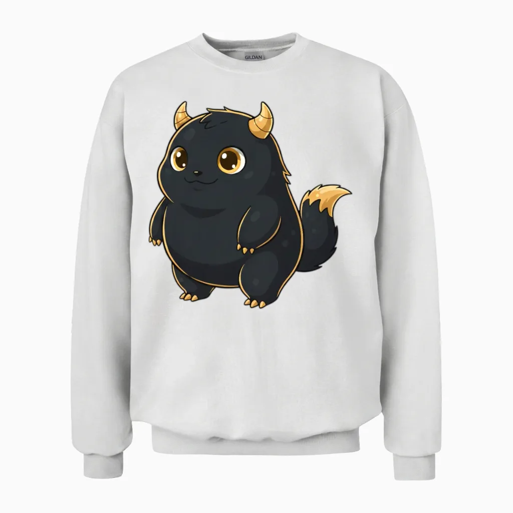 Cute Chubby Fantasy Creature with Golden Horn. Unisex Sweatshirt in White
