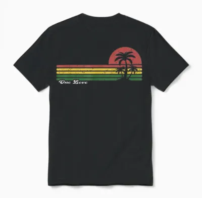 One Love Reggae Rasta Shirt Vintage Sunset Palm Trees Island T-Shirt, Black, S Unisex T-Shirt - Black
