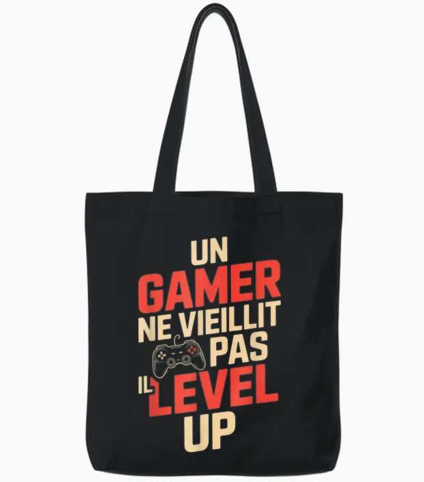 Geek Man Humour Gamer Gift Idea Funny Gaming Level Up Tote Bags in Black