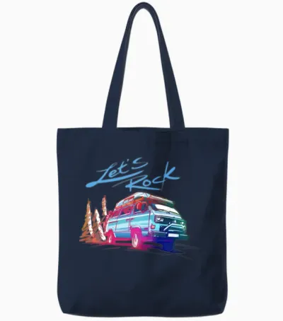 Volkswagen Vw Bulli with Let's Rock Lettering Tote Bags - Navy