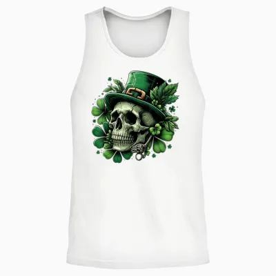 Saint Patrick's Day Shamrock Skull T-Shirt Skeleton, Black Unisex Tank Top - White
