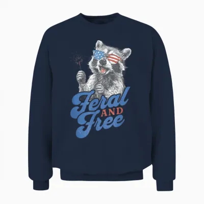 Feral & Free Funny Patriotic Racoon Feral and Free 4th July Unisex Sweatshirt - Navy