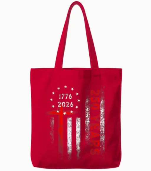 Flag Cross 250 Years Faith and Freedom Flag Cross Tote Bags in Red
