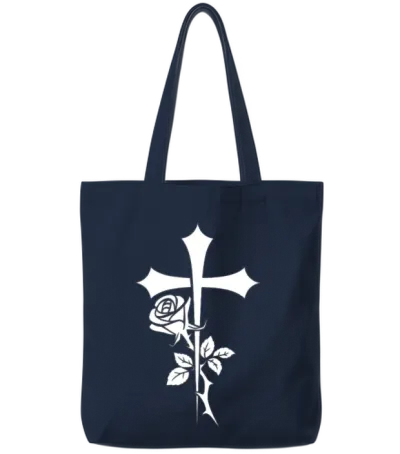 Cross with Rose Illustration Tote Bags - Navy
