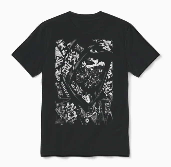 Japon Streetwear Cyberpunk Y2k Techwear Rétro Manga Anime Unisex T-Shirt in Black