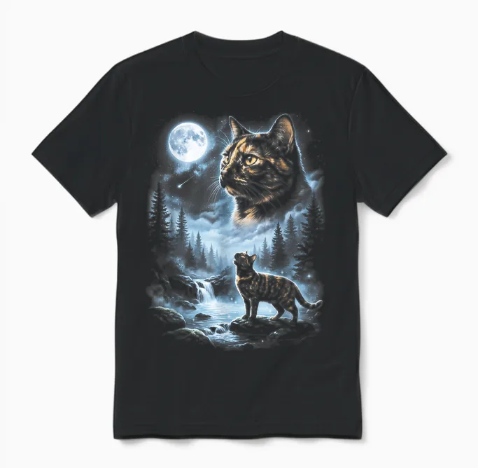 Tortoiseshell Cat Howling at the Moon 90s Retro Vintage Unisex T-Shirt in Black