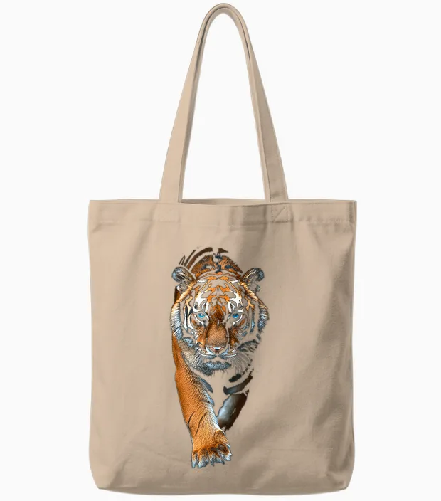 Tiger Animal Graphic Blue Eyes Illustration Tiger T-Shirt, Black Tote Bags in Natural