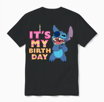 Disney Lilo & Stitch It's My Birthday Happy Retro Text Stack Unisex T-Shirt - Black