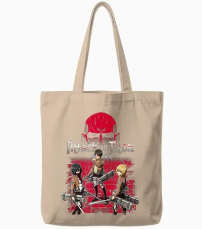 Attack on Titan 3 Main Characters Red Background Anime Tote Bags - Natural