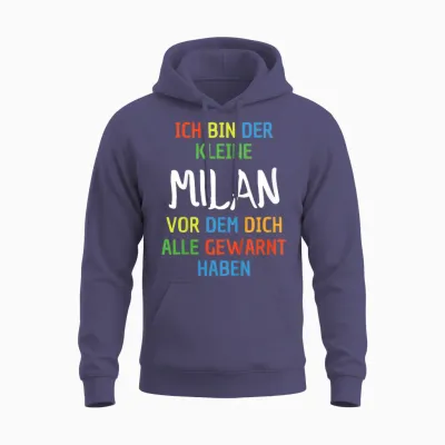 Children's Name Milan T-Shirt with German Text "ich Bin Der Kleine Milan, Black Unisex Hoodie - Heather Sport Dark Navy