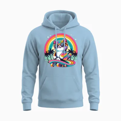 Retro Skateboard Cat Unisex Hoodie - Light Blue